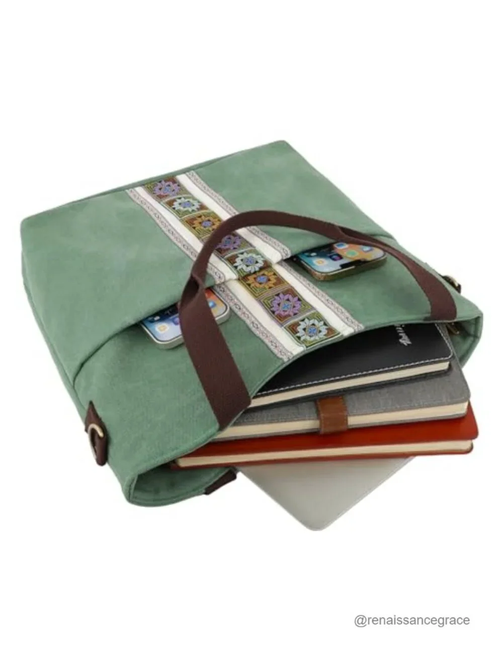 Embroidered Canvas Large Tote Bag with Crossbody Strap, Hobo Purse
